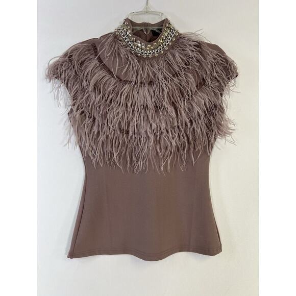 Gracia Taupe Stretch Short Sleeve Blouse with Ostrich Feather Trim Women’s S - Picture 1 of 12